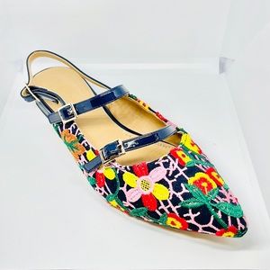 ASOS Navy Blue Sling Back Flat Sandal w/ 2 straps embroidered floral pointy toe